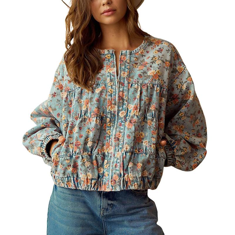 Women's Spring & Autumn Floral Denim Jacket Y2K Casual Loose Short Coat with Pockets