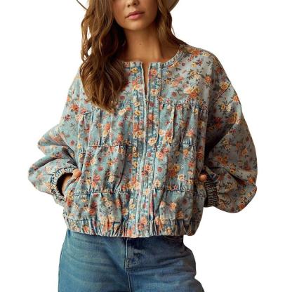Women's Spring & Autumn Floral Denim Jacket Y2K Casual Loose Short Coat with Pockets
