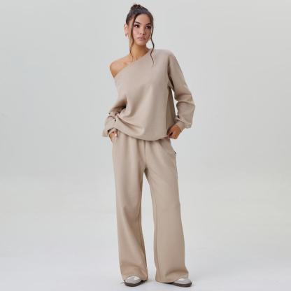 KatchMe Women's Leisure Solid Color Sloping Shoulder Long Sleeve Top & Wide Leg Trousers Co-ord, Cozy Scoop Neck Loose Two Piece Outfits, Basic Womenswear