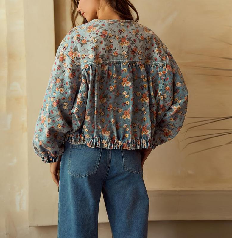 Women's Spring & Autumn Floral Denim Jacket Y2K Casual Loose Short Coat with Pockets