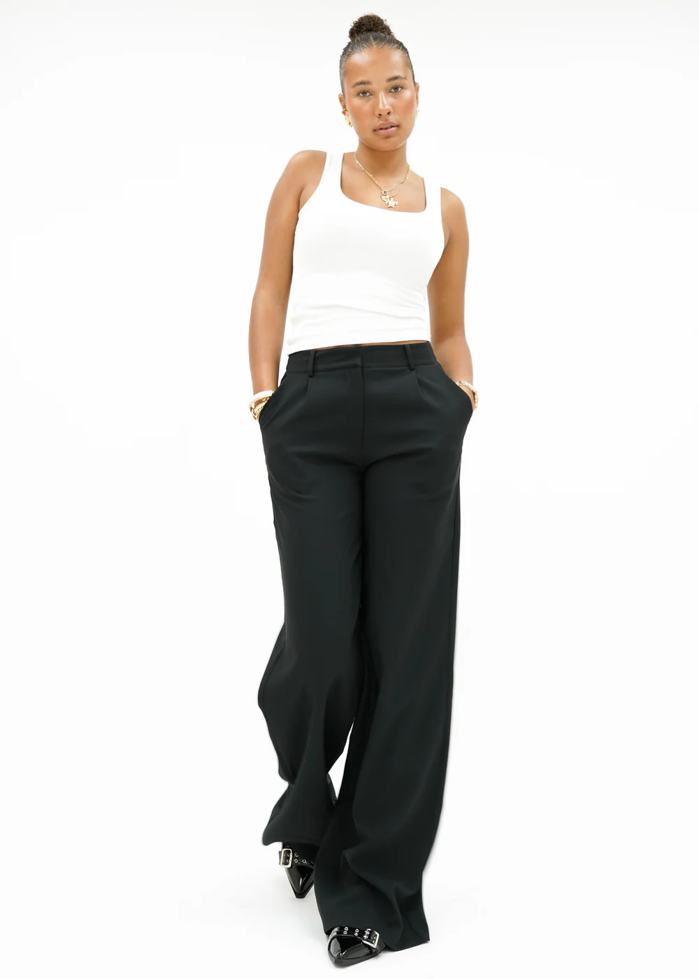 High-Waist Wide-Leg Casual Pants – Cream (Tall)