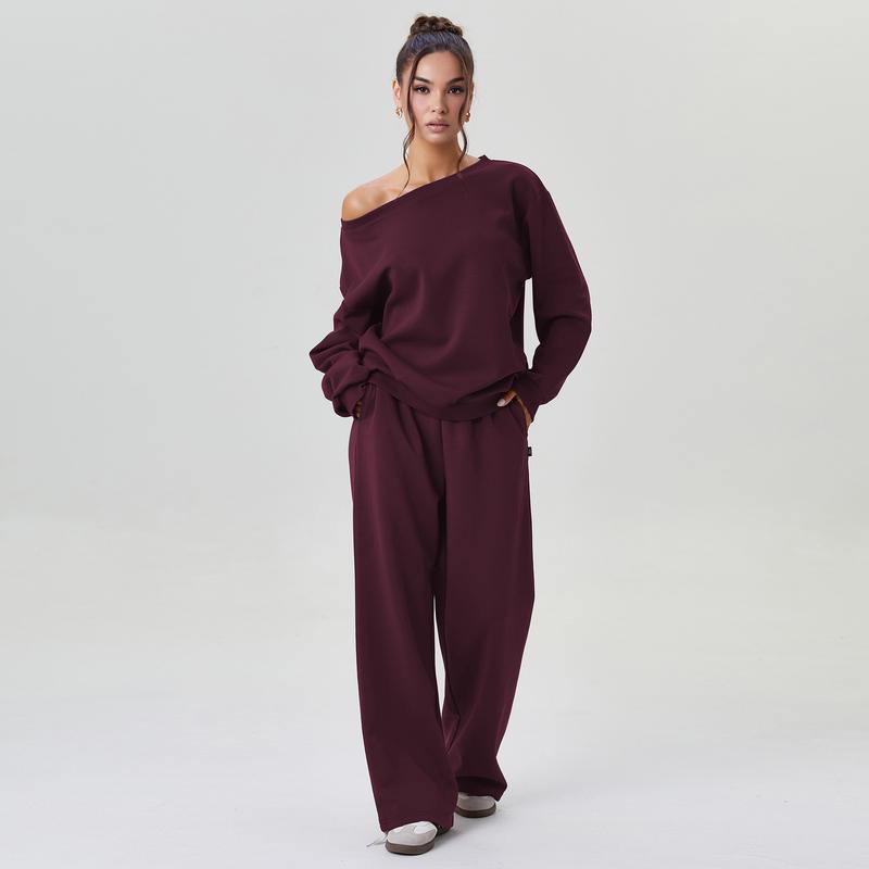 KatchMe Women's Leisure Solid Color Sloping Shoulder Long Sleeve Top & Wide Leg Trousers Co-ord, Cozy Scoop Neck Loose Two Piece Outfits, Basic Womenswear