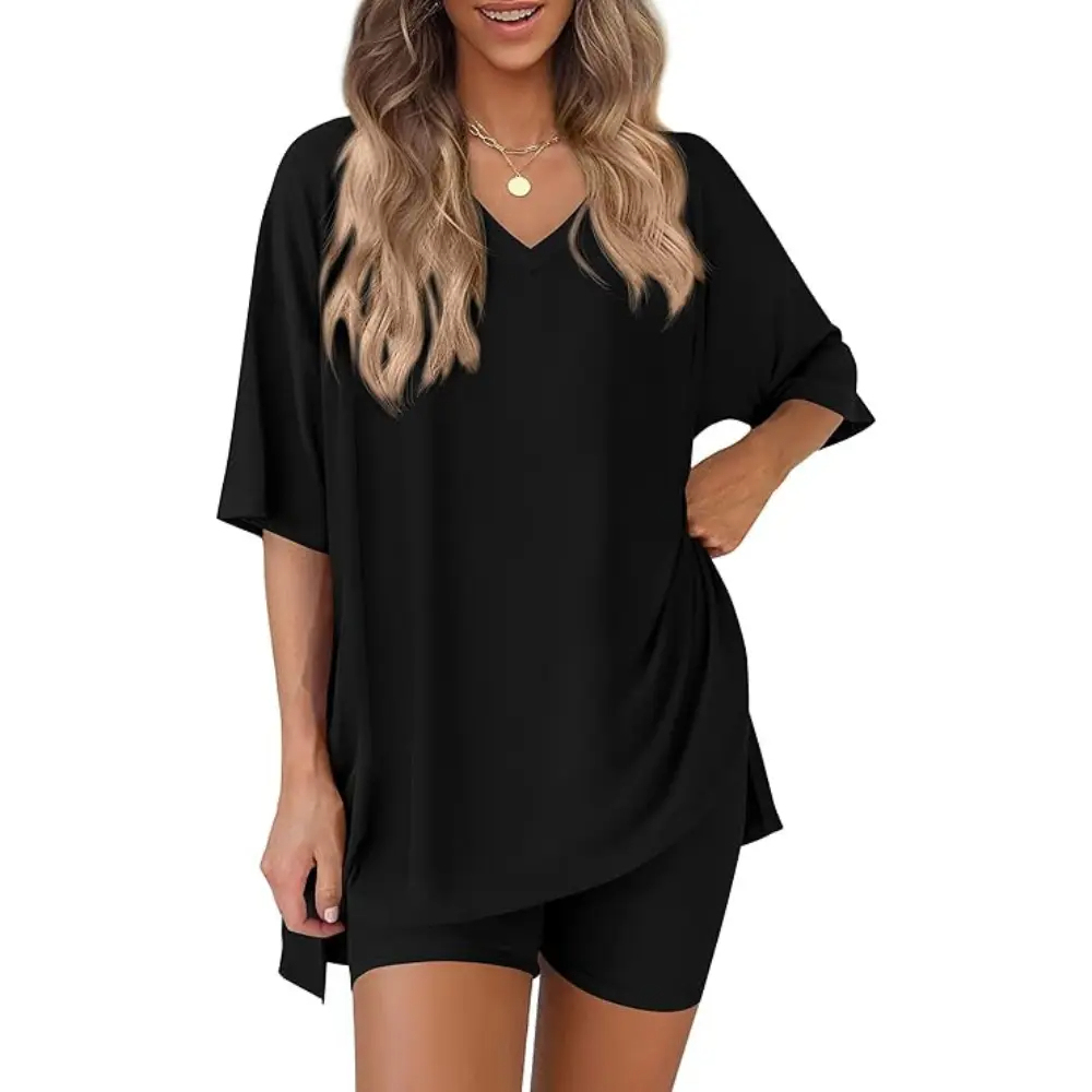 Women’s Summer Two-Piece Lounge Set – Oversized Crewneck Split Hem Top & Pocket Biker Shorts, Soft Viscose Casual Outfit