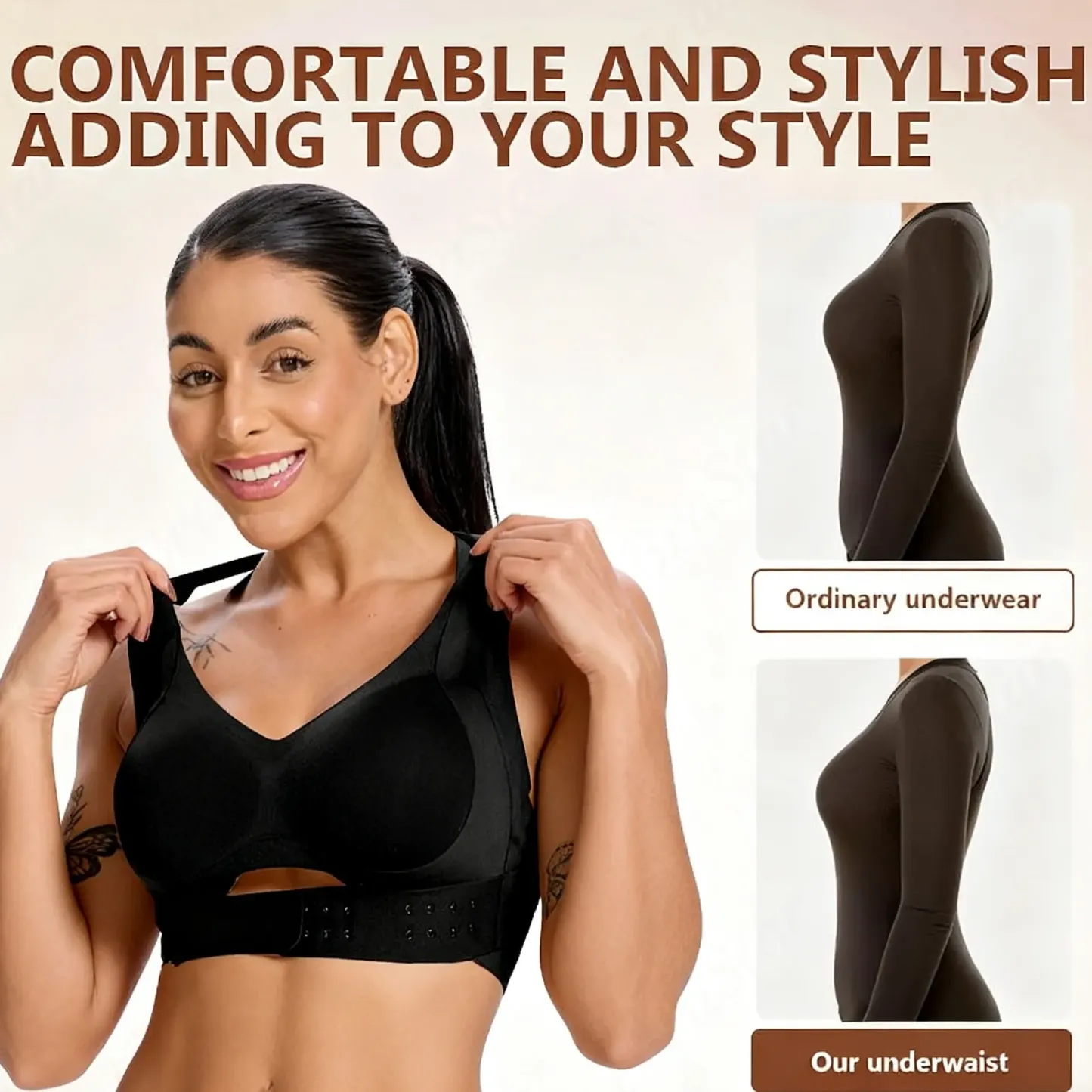 【Postural correction】Women’s Beige Wireless Bra, Soft Breathable Non-removable Moulded Cups, Yoga Fitness Sportswear for Gym & Daily Training