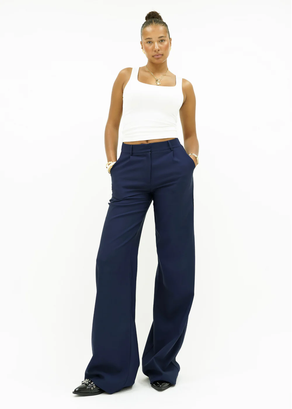 High-Waist Wide-Leg Casual Pants – Cream (Tall)