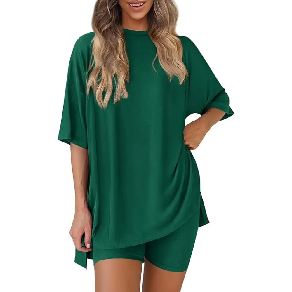 Women’s Summer Two-Piece Lounge Set – Oversized Crewneck Split Hem Top & Pocket Biker Shorts, Soft Viscose Casual Outfit