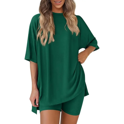 Women’s Summer Two-Piece Lounge Set – Oversized Crewneck Split Hem Top & Pocket Biker Shorts, Soft Viscose Casual Outfit