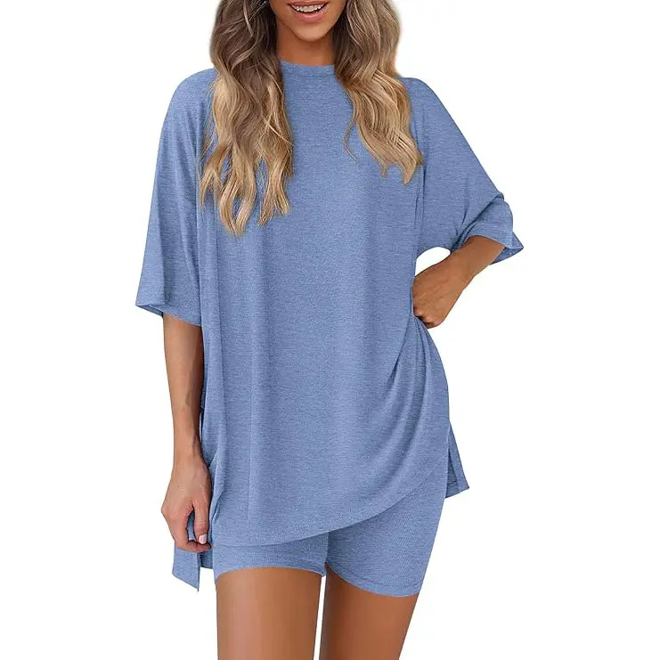 Women’s Summer Two-Piece Lounge Set – Oversized Crewneck Split Hem Top & Pocket Biker Shorts, Soft Viscose Casual Outfit