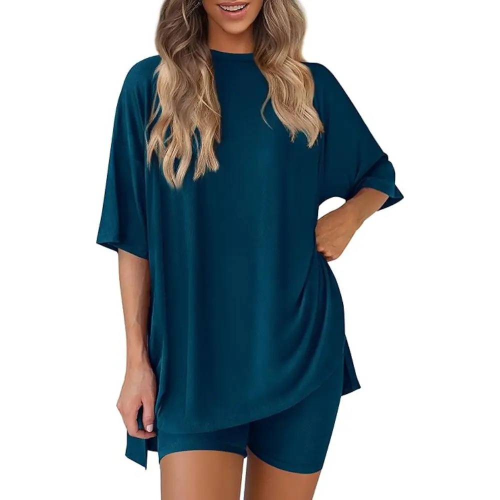 Women’s Summer Two-Piece Lounge Set – Oversized Crewneck Split Hem Top & Pocket Biker Shorts, Soft Viscose Casual Outfit