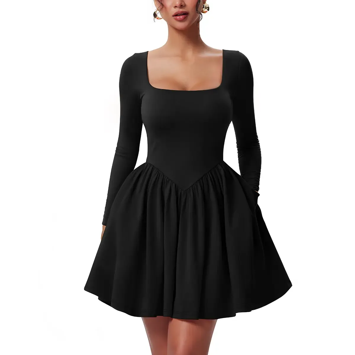 Women's Casual Long Sleeve Square Neck Back Belt A Line Ruffle Hem Mini Dress with Pockets
