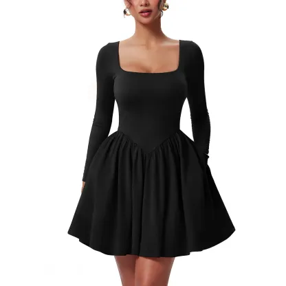 Women's Casual Long Sleeve Square Neck Back Belt A Line Ruffle Hem Mini Dress with Pockets