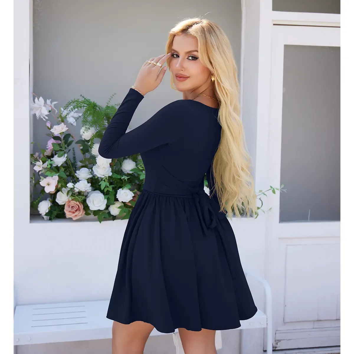 Women's Casual Long Sleeve Square Neck Back Belt A Line Ruffle Hem Mini Dress with Pockets
