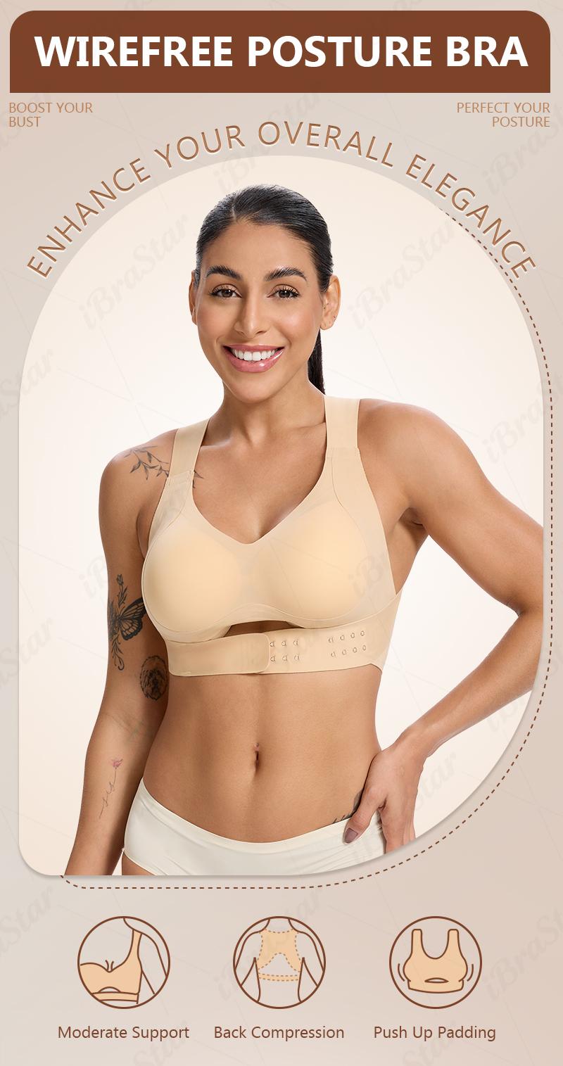 【Postural correction】Women&rsquo;s Beige Wireless Bra, Soft Breathable Non-removable Moulded Cups, Yoga Fitness Sportswear for Gym & Daily Training