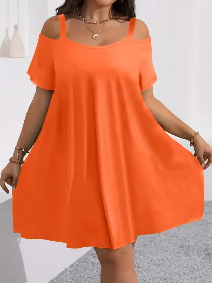 Plus Size Women's Round Neck Short Sleeve Shoulder Cut Out Fitted Casual Midi Dress, Comfortable Fabric, Perfect for Bridesmaids, Vacation, Travel