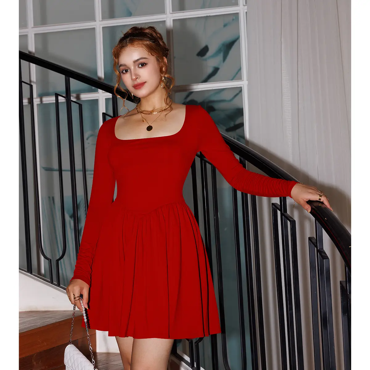Women's Casual Long Sleeve Square Neck Back Belt A Line Ruffle Hem Mini Dress with Pockets