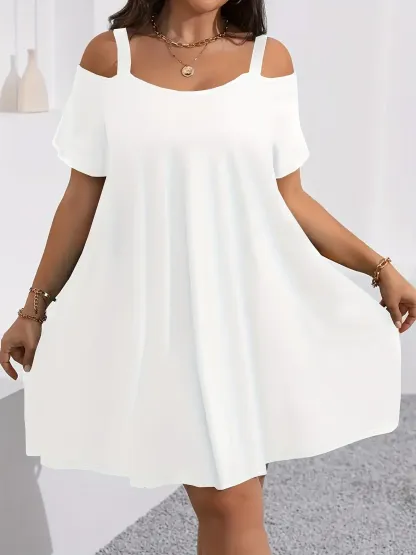 Plus Size Women's Round Neck Short Sleeve Shoulder Cut Out Fitted Casual Midi Dress, Comfortable Fabric, Perfect for Bridesmaids, Vacation, Travel