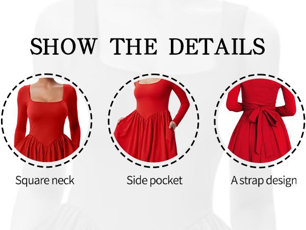 OYS Women's Casual Long Sleeve Square Neck Back Belt A Line Ruffle Hem Mini Dress with Pockets