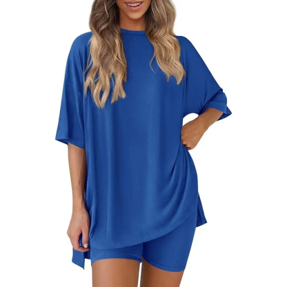 Women’s Summer Two-Piece Lounge Set – Oversized Crewneck Split Hem Top & Pocket Biker Shorts, Soft Viscose Casual Outfit