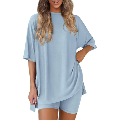 Women’s Summer Two-Piece Lounge Set – Oversized Crewneck Split Hem Top & Pocket Biker Shorts, Soft Viscose Casual Outfit