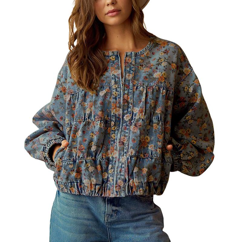 Chouyatou Women's Spring & Autumn Floral Denim Jacket Y2K Casual Loose
