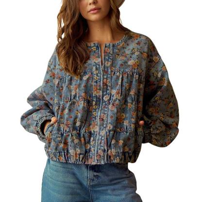 Women's Spring & Autumn Floral Denim Jacket Y2K Casual Loose Short Coat with Pockets