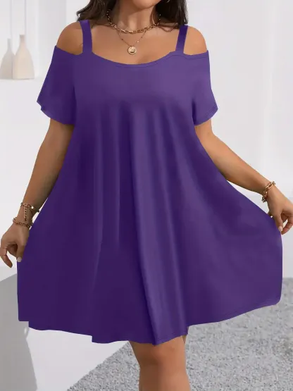 Plus Size Women's Round Neck Short Sleeve Shoulder Cut Out Fitted Casual Midi Dress, Comfortable Fabric, Perfect for Bridesmaids, Vacation, Travel