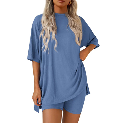 Women’s Summer Two-Piece Lounge Set – Oversized Crewneck Split Hem Top & Pocket Biker Shorts, Soft Viscose Casual Outfit