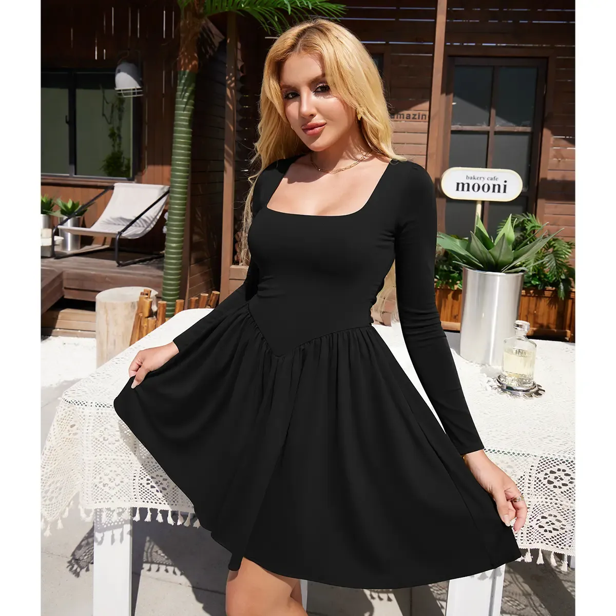 Women's Casual Long Sleeve Square Neck Back Belt A Line Ruffle Hem Mini Dress with Pockets