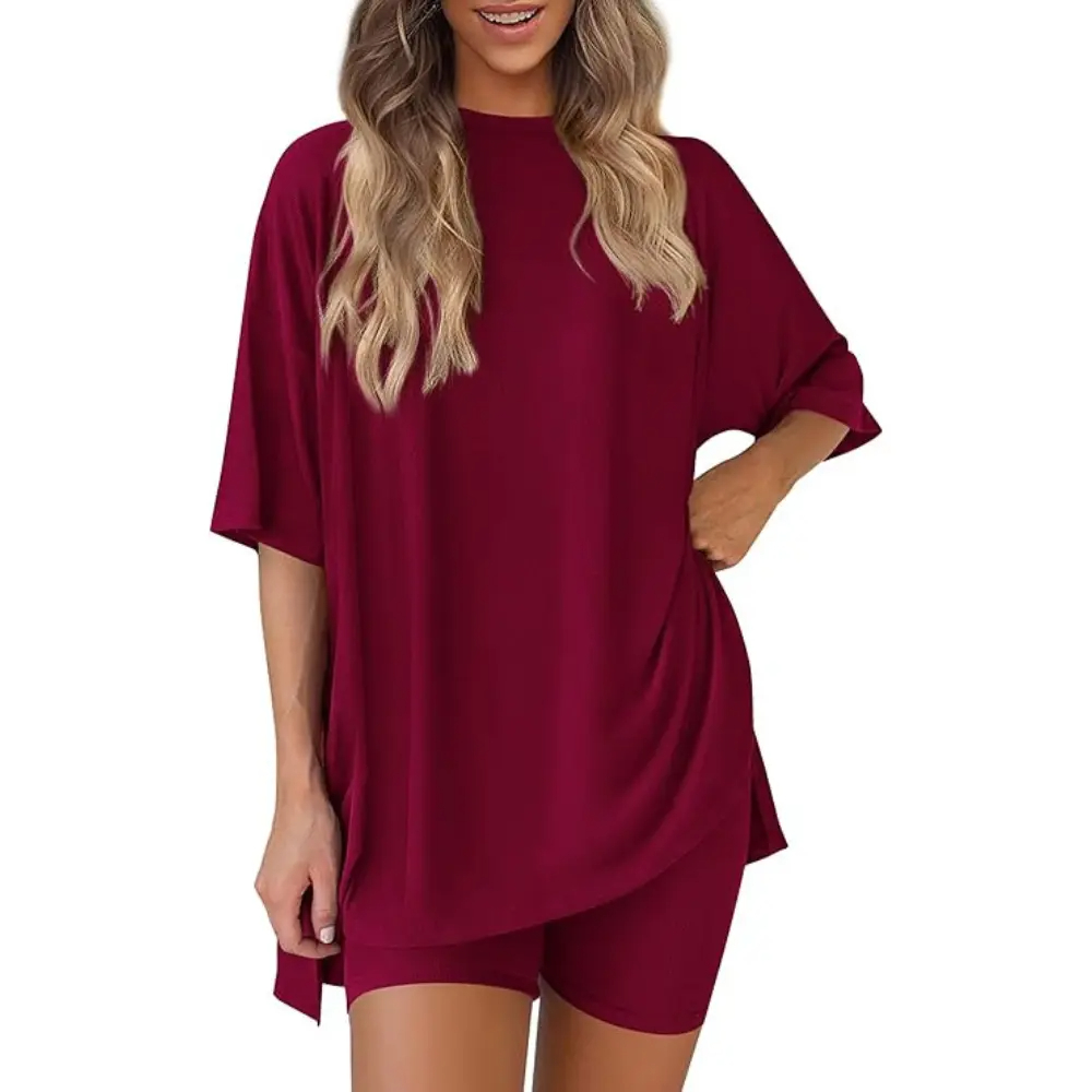 Women’s Summer Two-Piece Lounge Set – Oversized Crewneck Split Hem Top & Pocket Biker Shorts, Soft Viscose Casual Outfit