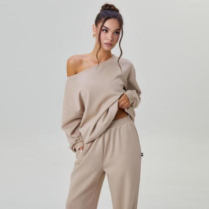 KatchMe Women's Leisure Solid Color Sloping Shoulder Long Sleeve Top & Wide Leg Trousers Co-ord, Cozy Scoop Neck Loose Two Piece Outfits, Basic Womenswear
