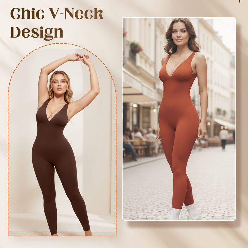 💞50K+ SOLD!🌸High-Stretch V-Neck Jumpsuit – All-day ease for fitness & beyond. Breathable, flexible & effortlessly chic. Your go-to for movement. 🧘‍♀️💫