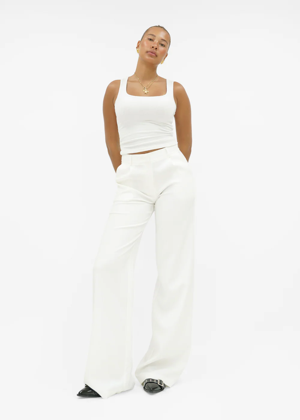 High-Waist Wide-Leg Casual Pants – Cream (Tall)