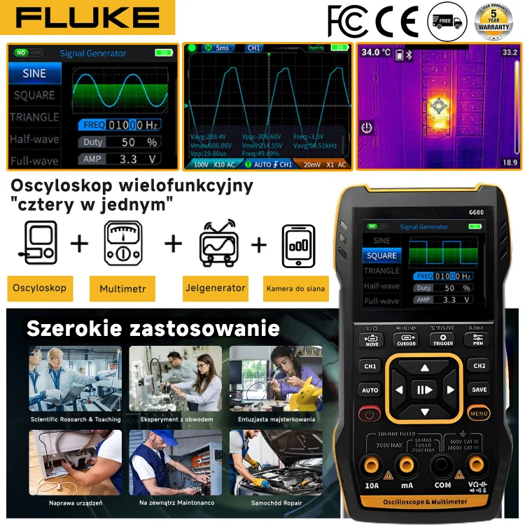 Multimetr Fluke 4 w 1 z generatorem sygnału i oscyloskopem z kamerą termowizyjną