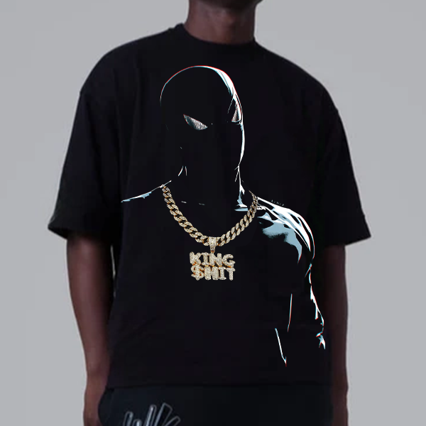 Marvel Spider-Man Print T-Shirt 3D Rhinestone-Encrusted Double-Row "KING" Pendant Necklace