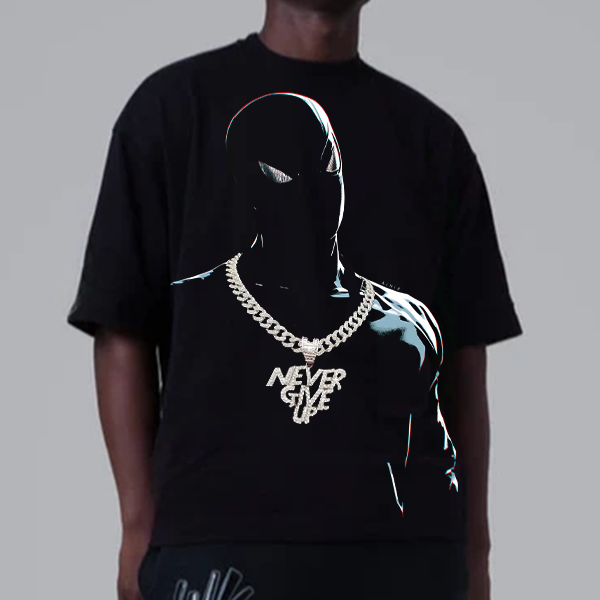 [Copy]Marvel Spider-Man Print T-Shirt "Never Give Up" Full Diamond Cuban Chain Necklace