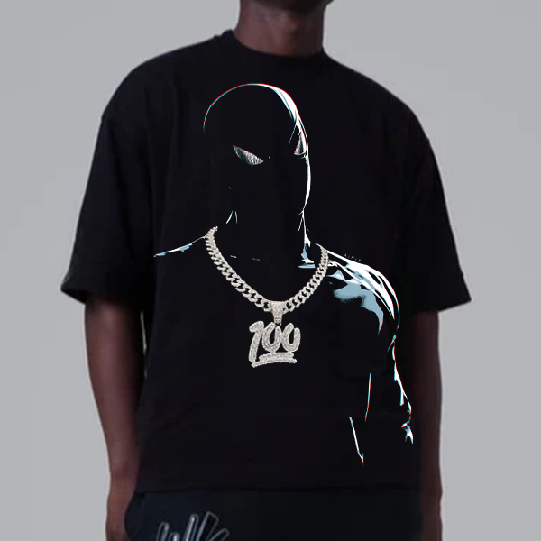 Marvel Spider-Man Print T-Shirt "100"Shaped Pendant & Miami Cuban Chain