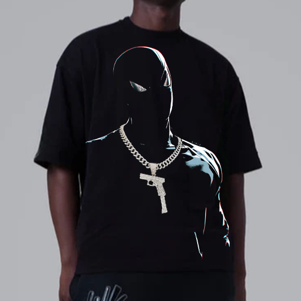 Marvel Spider-Man Print T-Shirt Gun-shaped pendant Cuban chain