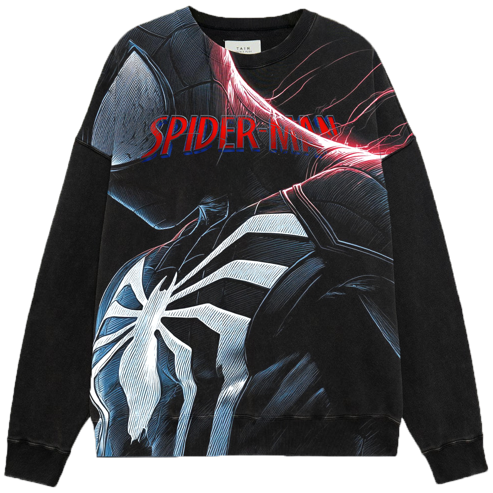 Marvel Spider-Man Line Art Symbiote Suit with Red-Blue Lightning Profile Print