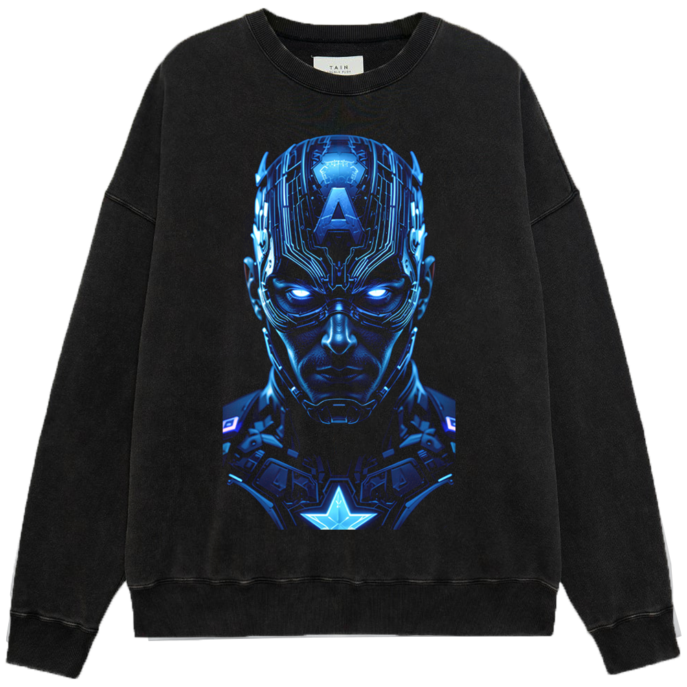 Marvel Captain America Cyber Mecha Blue Flame Helmet Print