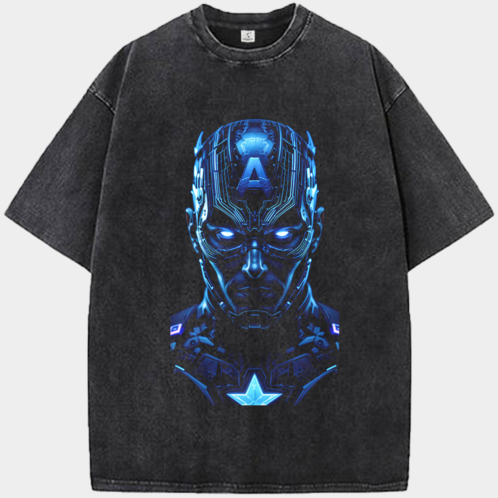 Marvel Captain America Cyber Mecha Blue Flame Helmet Print