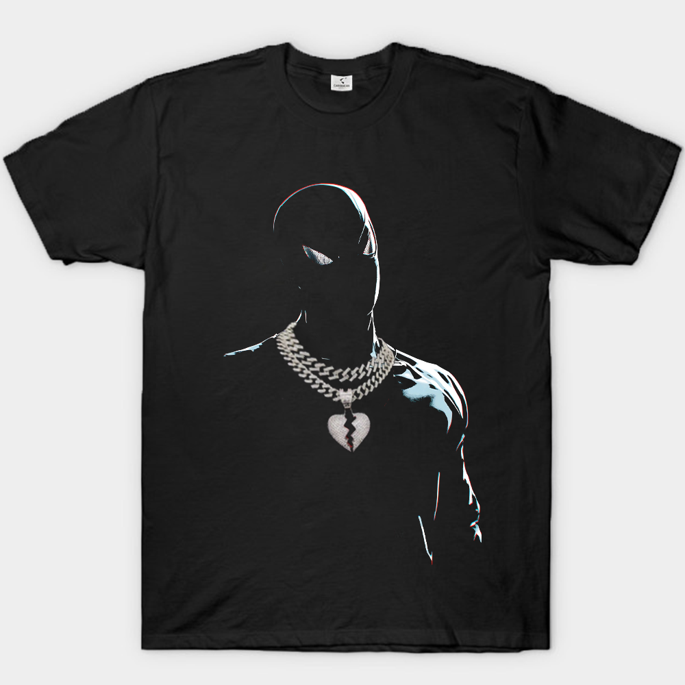 Marvel Spider-Man Print T-Shirt Diamond-Encrusted Heart-Shaped Pendant Cuban Link Necklace