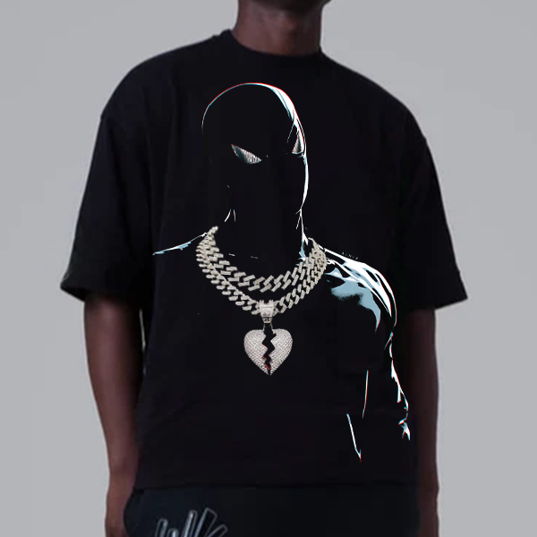 Marvel Spider-Man Print T-Shirt Diamond-Encrusted Heart-Shaped Pendant Cuban Link Necklace