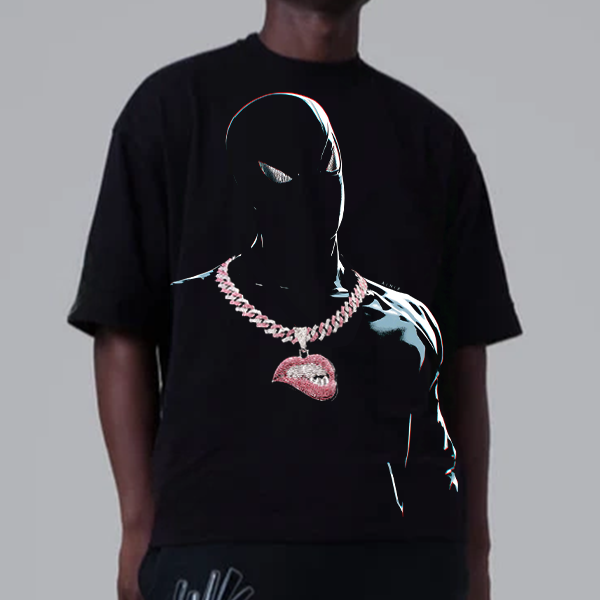 Marvel Spider-Man Print T-Shirt Pink Lip Diamond Pendant Cuban Chain