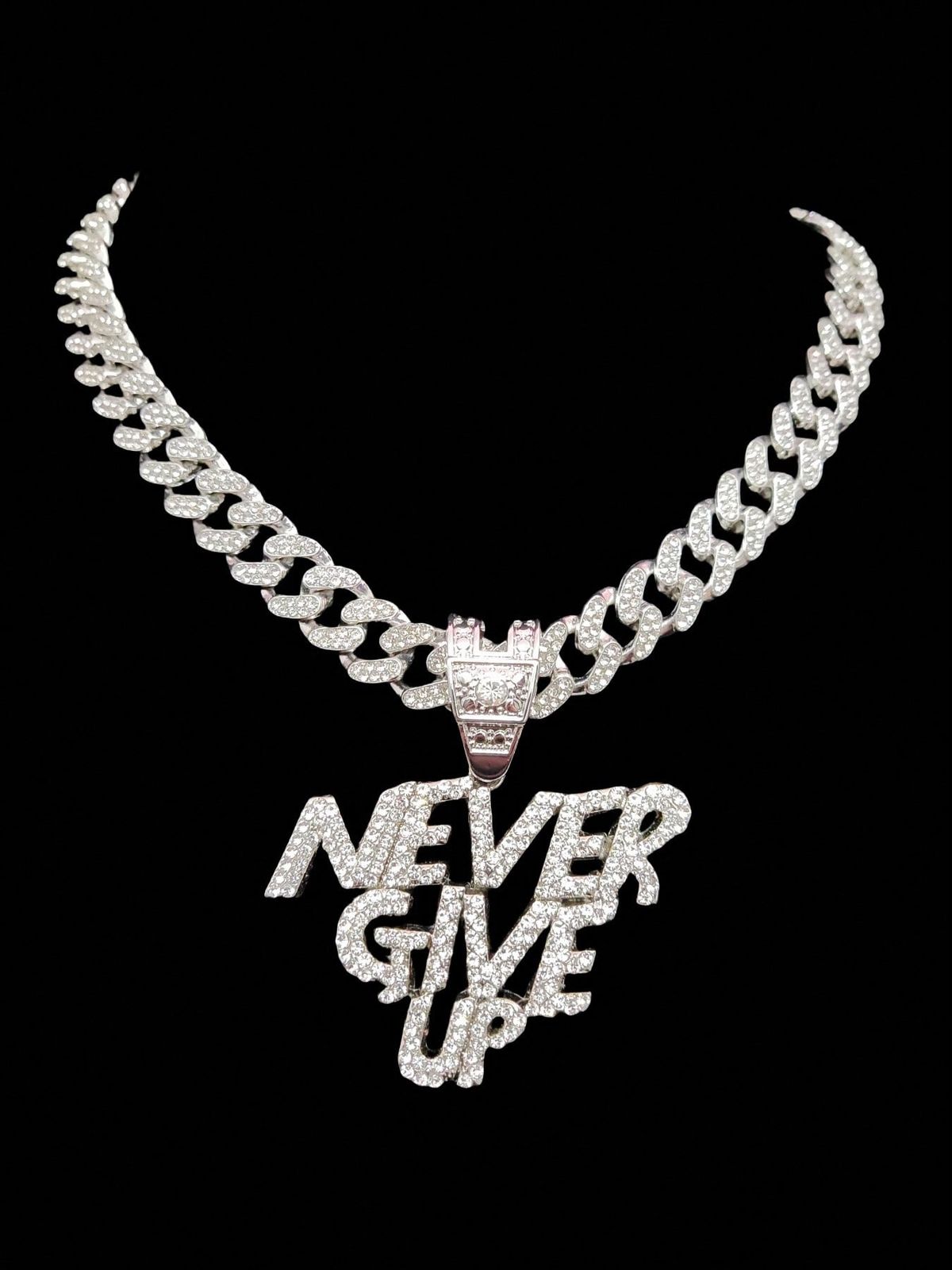[Copy]Marvel Spider-Man Print T-Shirt "Never Give Up" Full Diamond Cuban Chain Necklace