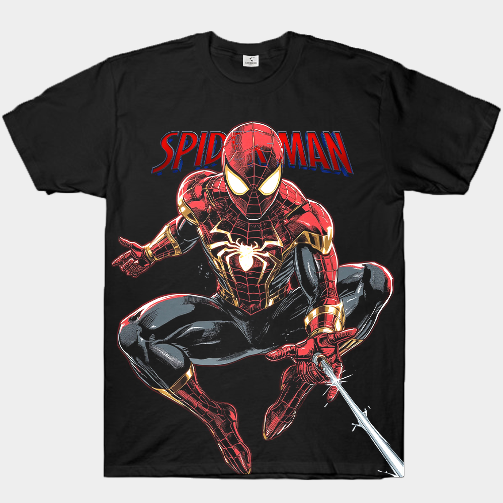 Marvel Spider-Man Red-Gold Iron Spider Web-Slinging Crouch Line Print