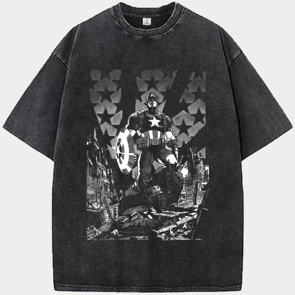 Marvel Captain America Ruined City Star-Spangled Monochrome Print