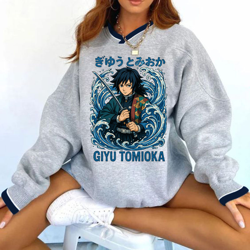 Demon Slayer Tomioka Giyuu Print Long Sleeve Retro Sweatshirt