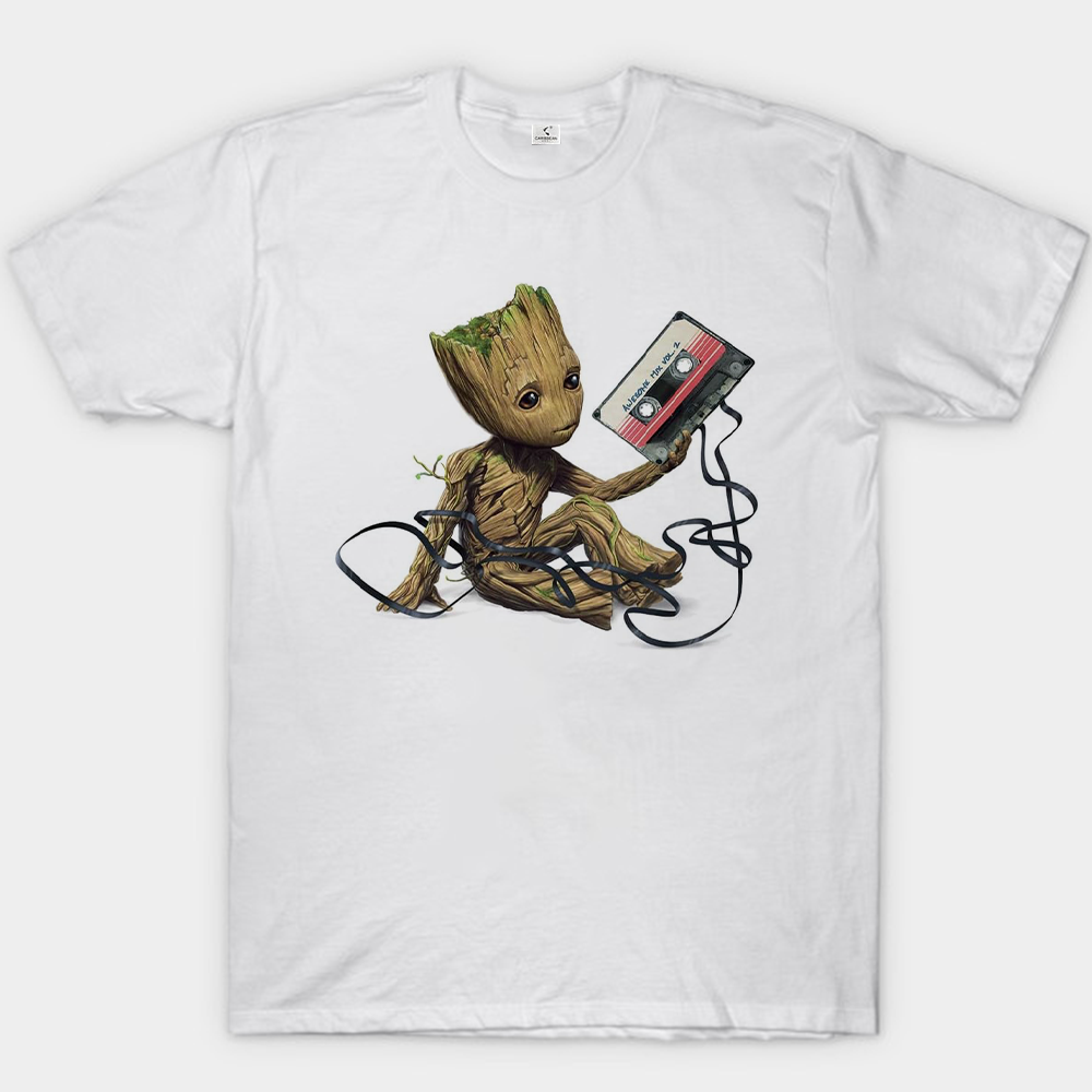 Marvel Guardians of the Galaxy Groot Holding Awesome Mix Vol.2 Cassette Tape Realistic Style Illustration Print