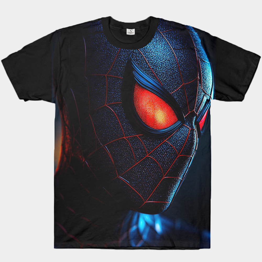 Marvel Spider-Man Miles Morales Black-Red Suit Red-Eye Close-Up Blue-Red Gradient Light Effect Print