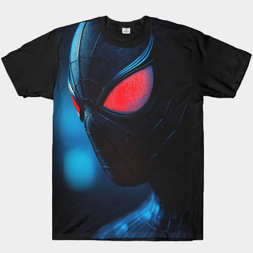 Marvel Spider-Man Miles Morales Black Suit Red-Eye Close-Up Blue Tone Background Print